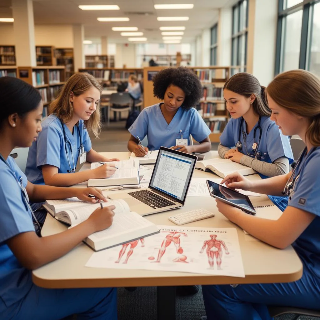 Nursing students studying together in a modern university library